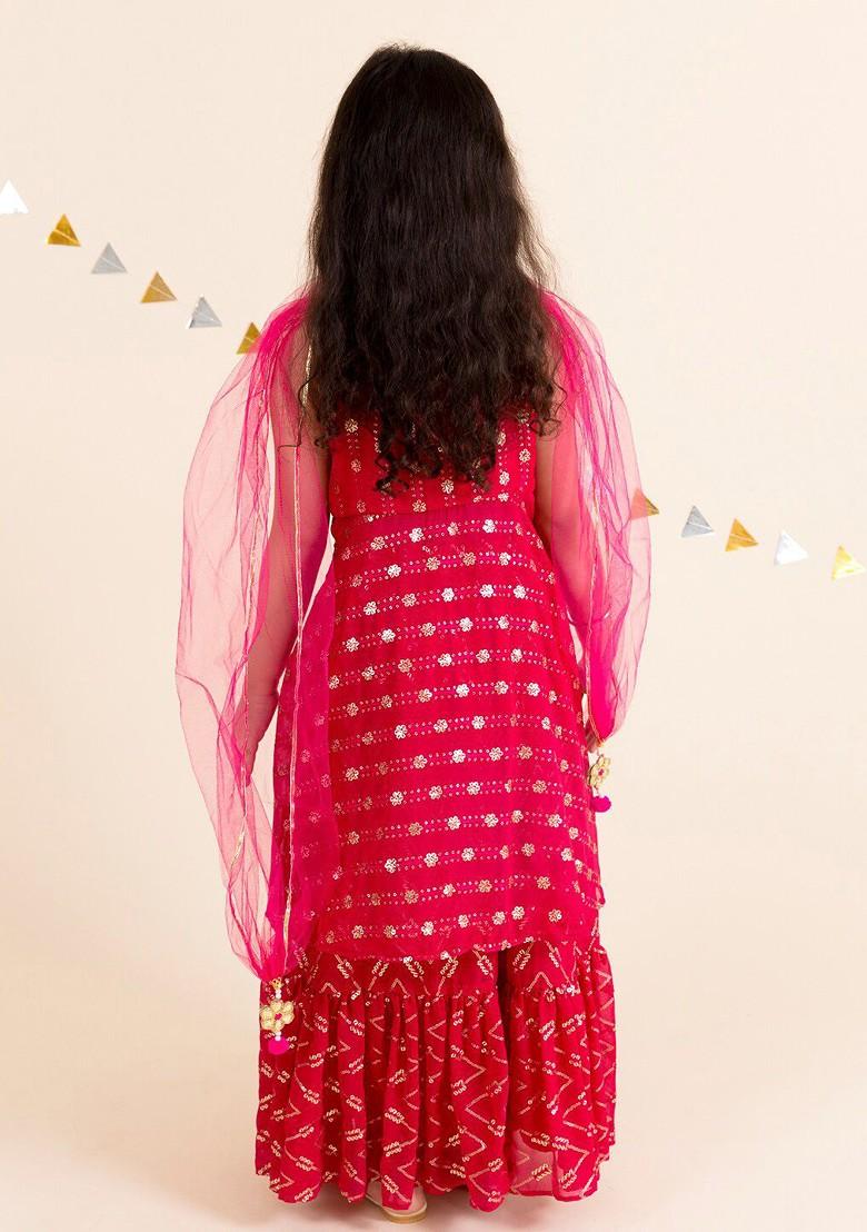 Magenta Embroidered Poly Blend Lehenga Set With Dupatta For Girls