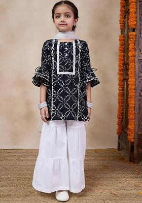 Navy Blue Printed Poly Blend Sharara Set With Dupatta For Girls