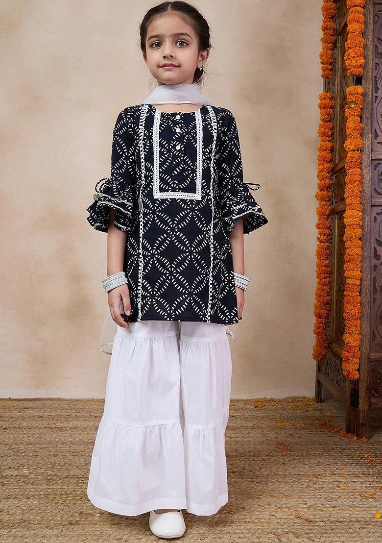 Navy Blue Printed Poly Blend Sharara Set With Dupatta For Girls