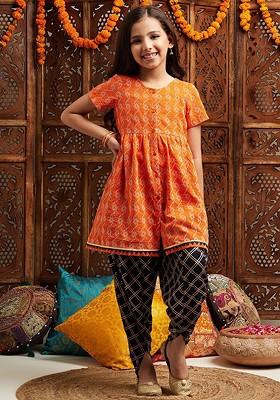 Orange Printed Poly Blend Salwar Kameez With Dupatta For Girls