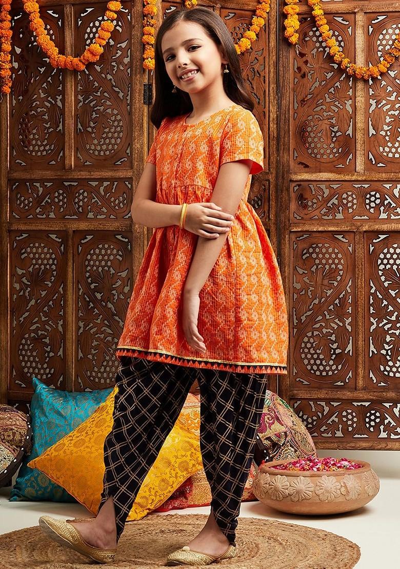 Orange Printed Poly Blend Salwar Kameez With Dupatta For Girls