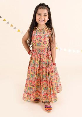 Coral Printed Poly Blend Lehenga Set With Dupatta For Girls