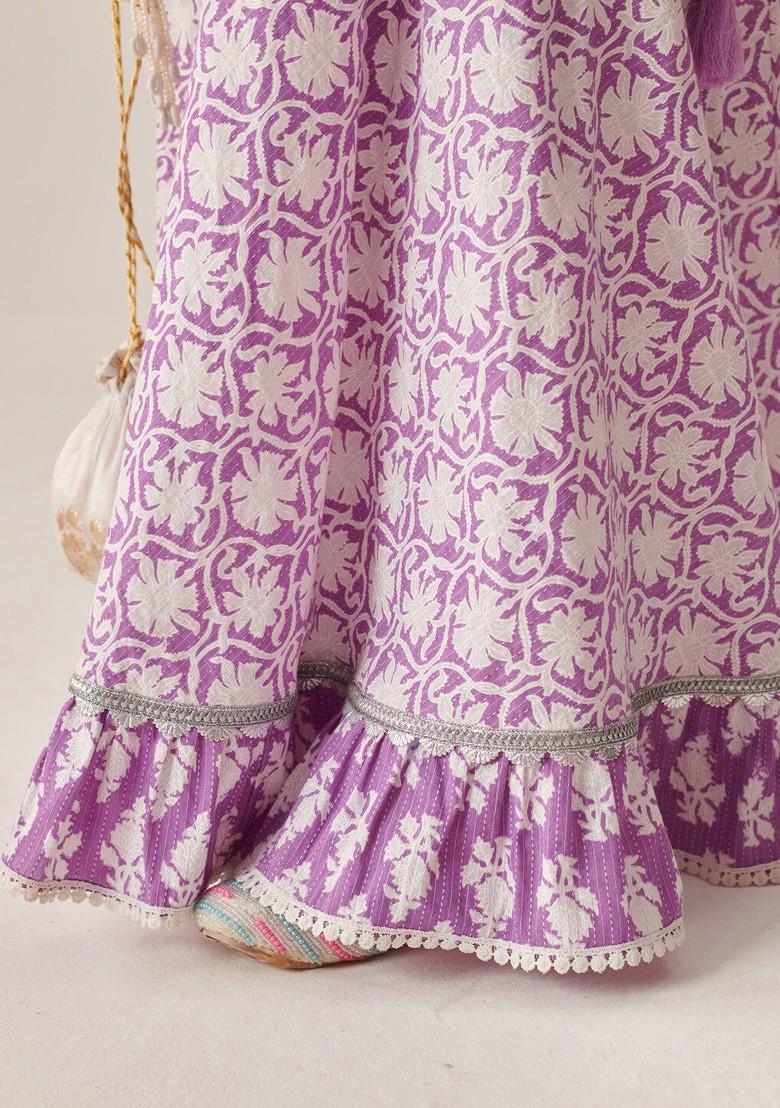 Purple Printed Poly Blend Lehenga Set With Dupatta For Girls