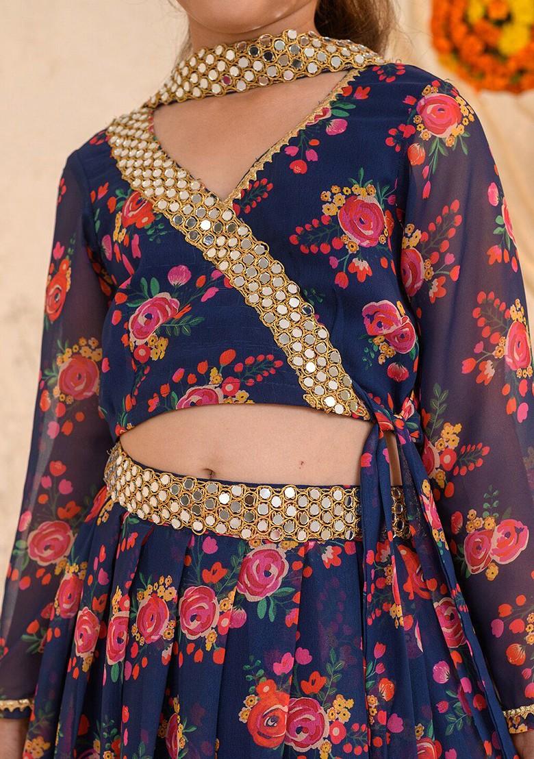 Navy Blue Printed Poly Blend Lehenga Set With Dupatta For Girls