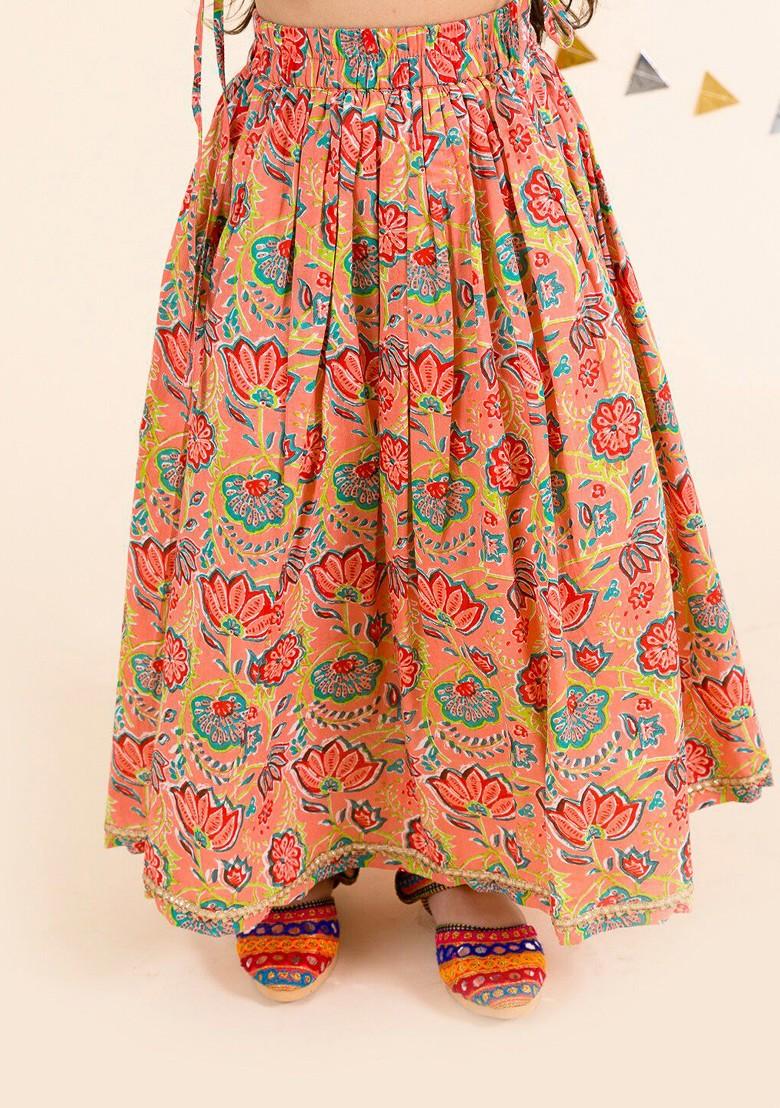 Coral Printed Poly Blend Lehenga Set With Dupatta For Girls