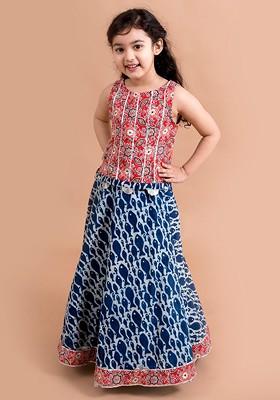 Blue Printed Poly Blend Lehenga Set With Dupatta For Girls