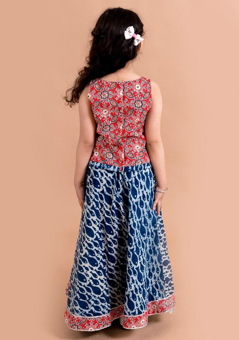 Blue Printed Poly Blend Lehenga Set With Dupatta For Girls