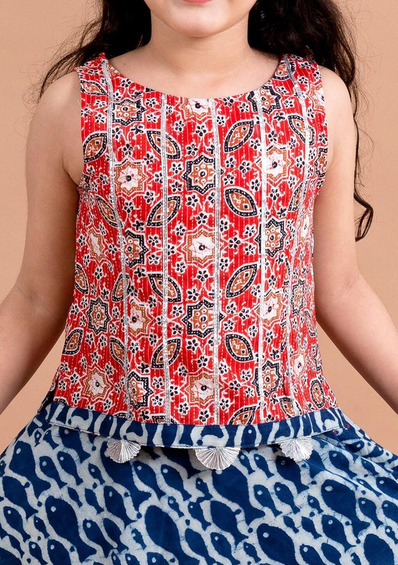 Blue Printed Poly Blend Lehenga Set With Dupatta For Girls