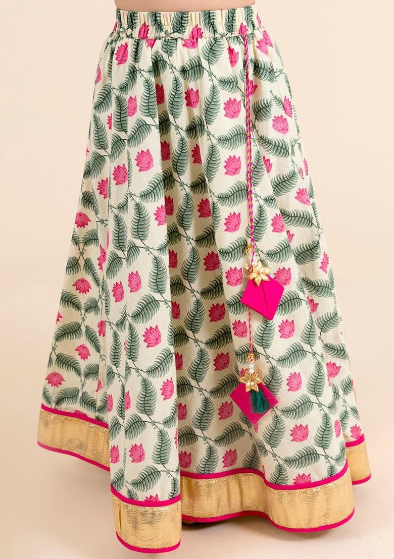 Off White Printed Poly Blend Lehenga Set With Dupatta For Girls