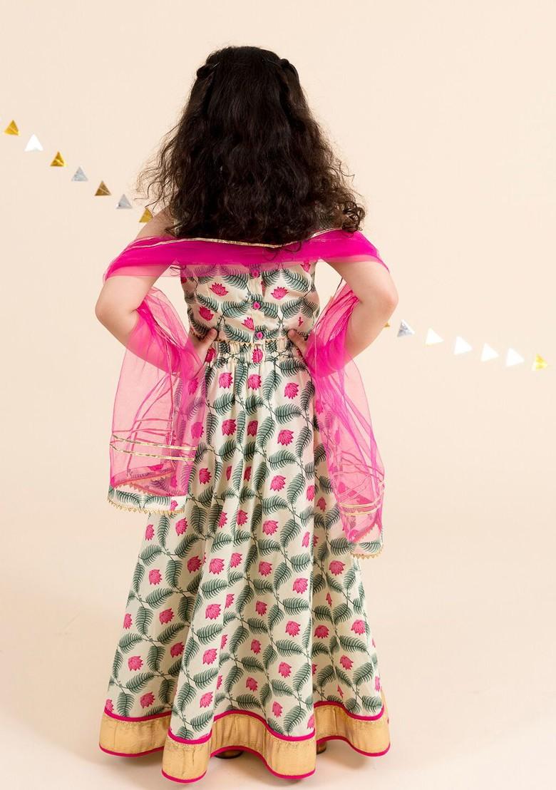 Off White Printed Poly Blend Lehenga Set With Dupatta For Girls