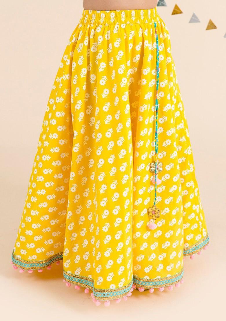 Yellow Printed Poly Blend Lehenga Set With Dupatta For Girls