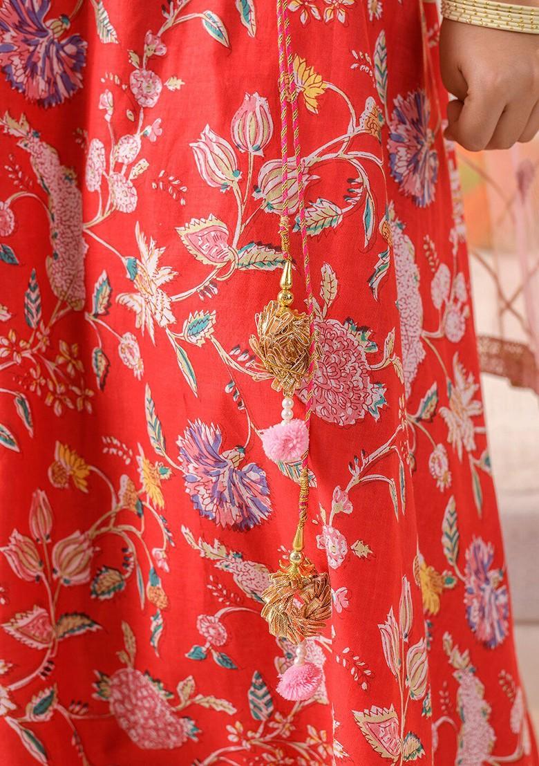 Red Printed Poly Blend Lehenga Set With Dupatta For Girls