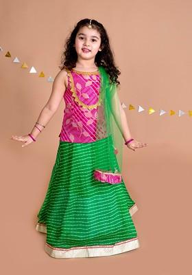 Green Embroidered Poly Blend Lehenga Set With Dupatta For Girls