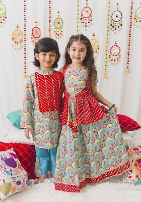 Green Printed Poly Blend Lehenga Set With Dupatta For Girls