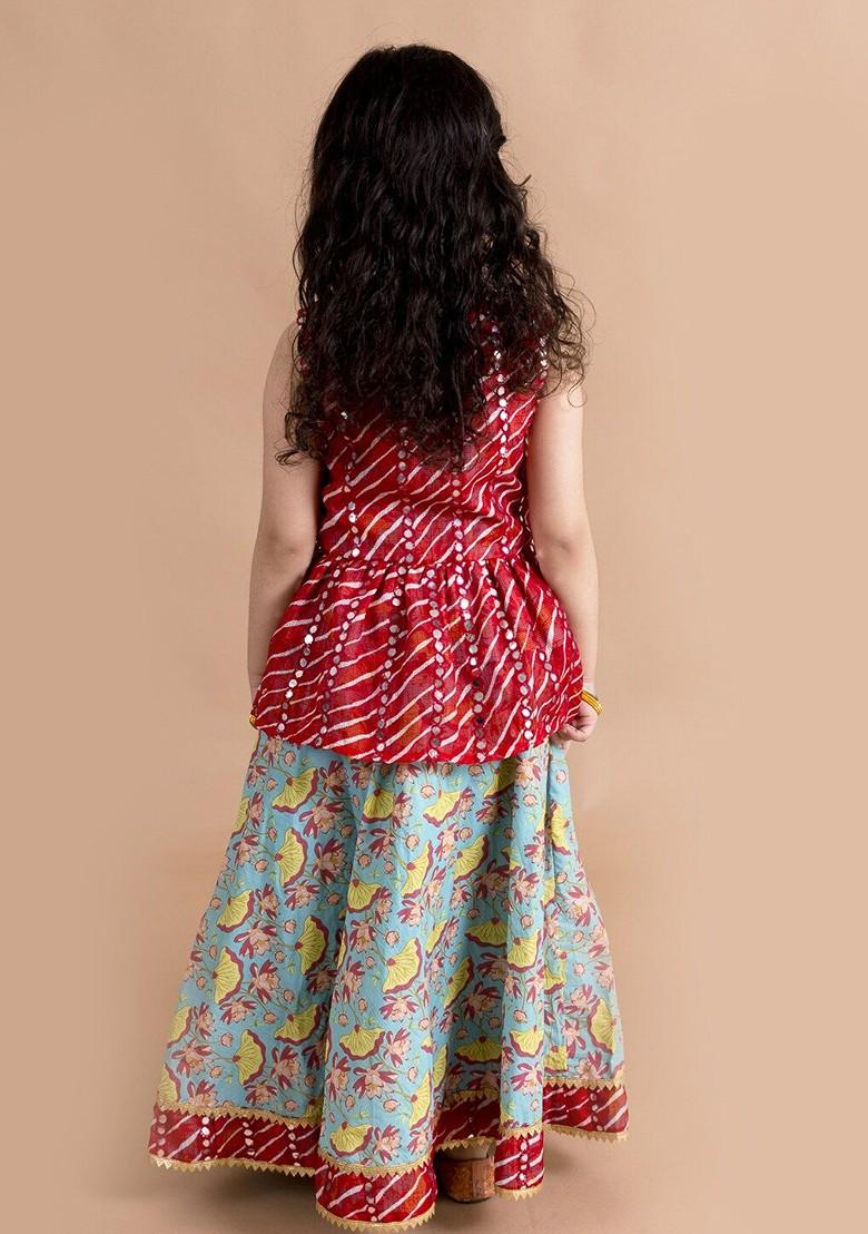 Green Printed Poly Blend Lehenga Set With Dupatta For Girls