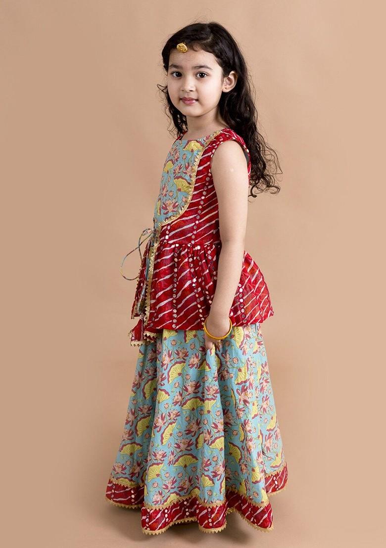 Green Printed Poly Blend Lehenga Set With Dupatta For Girls