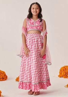Pink Printed Poly Blend Lehenga Set With Dupatta For Girls