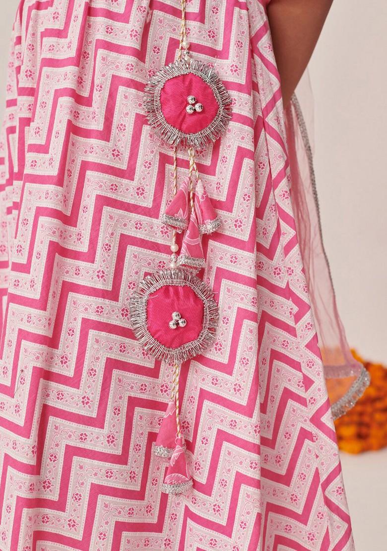 Pink Printed Poly Blend Lehenga Set With Dupatta For Girls