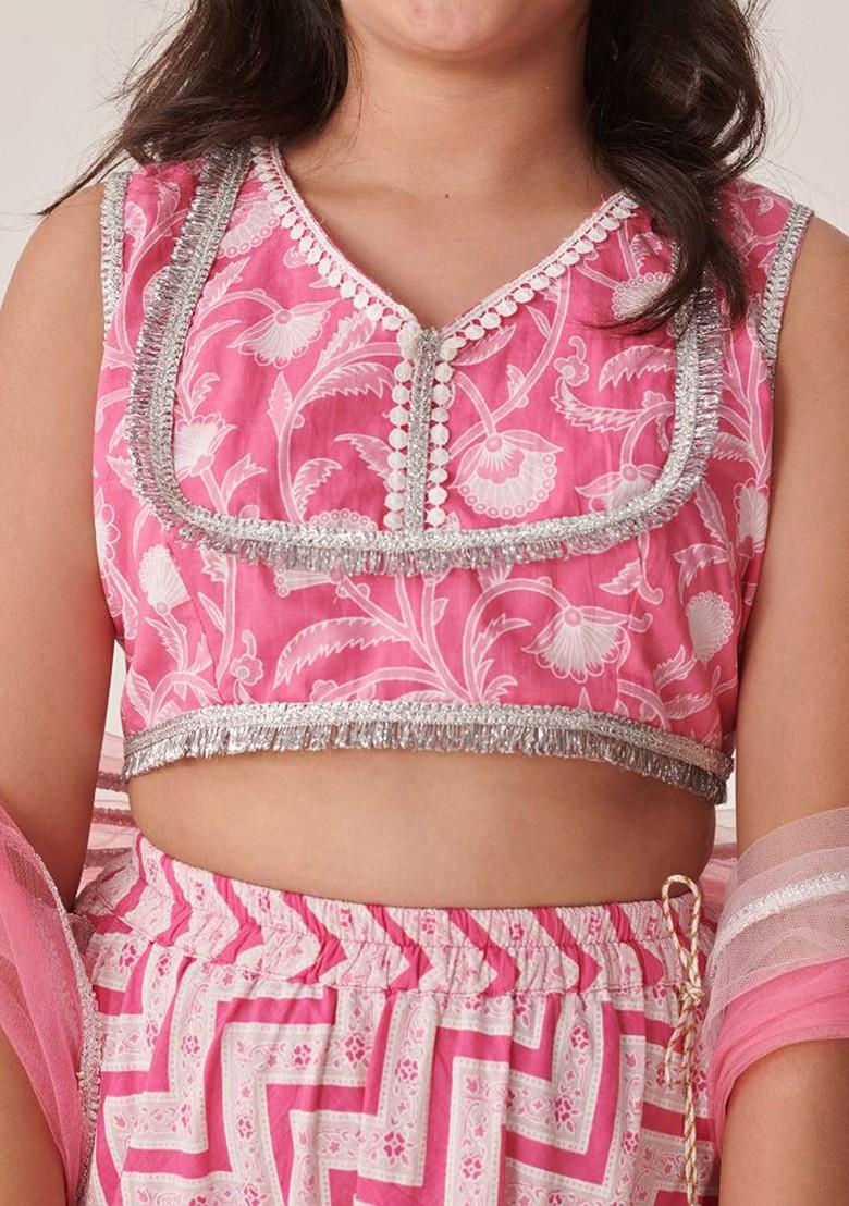 Pink Printed Poly Blend Lehenga Set With Dupatta For Girls