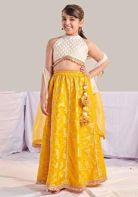 Yellow Printed Poly Blend Lehenga Set With Dupatta For Girls