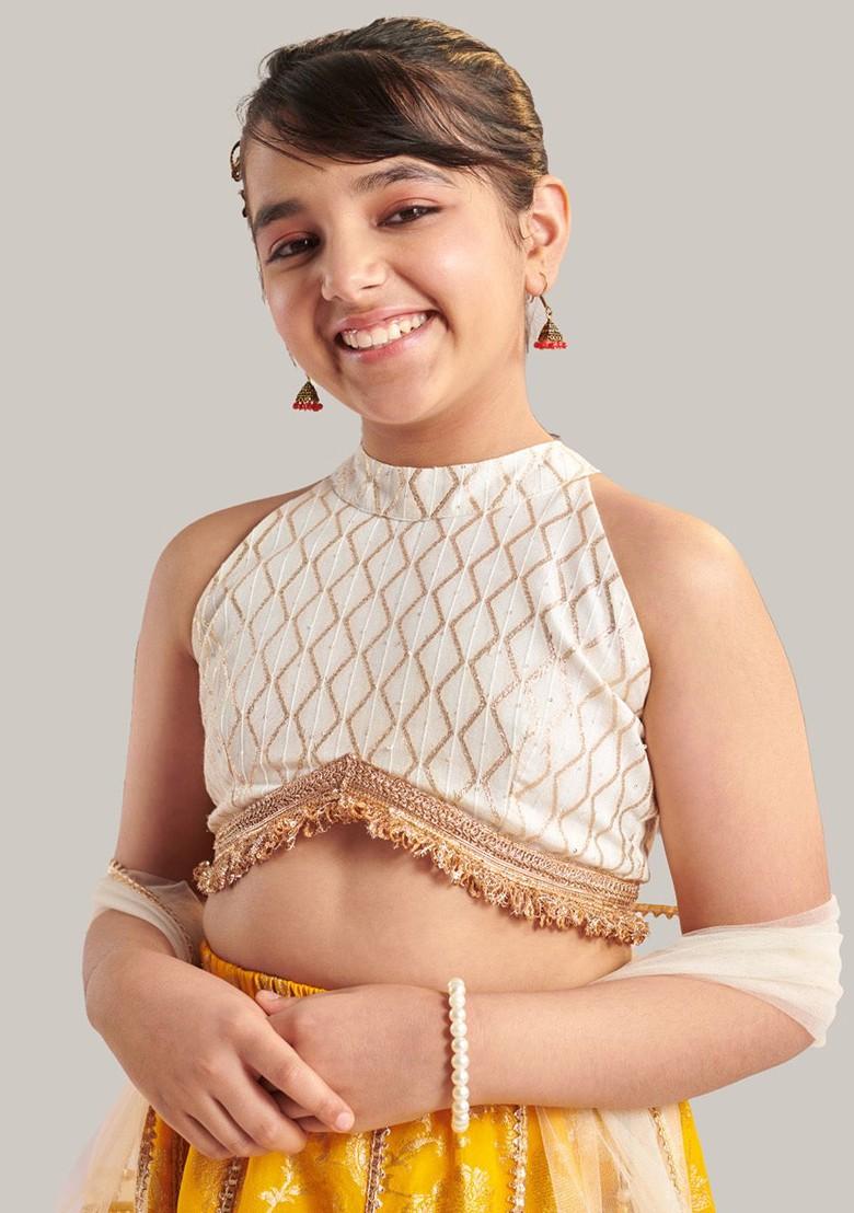 Yellow Printed Poly Blend Lehenga Set With Dupatta For Girls