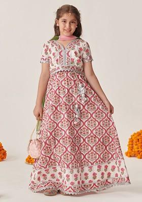Magenta Printed Poly Blend Lehenga Set With Dupatta For Girls