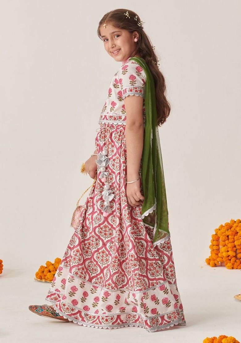 Magenta Printed Poly Blend Lehenga Set With Dupatta For Girls