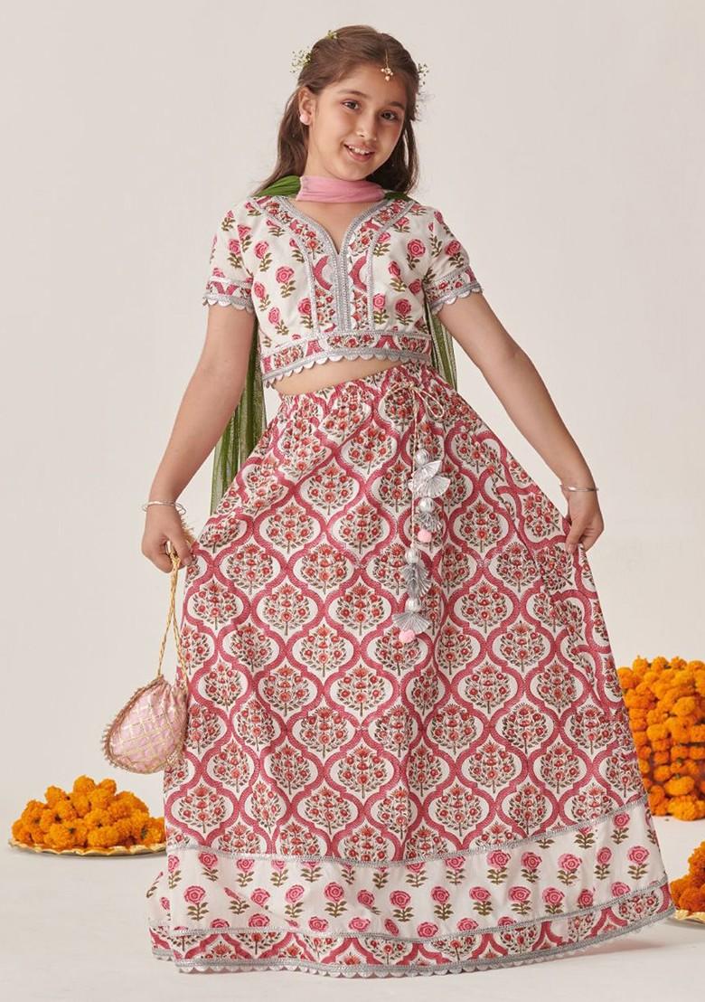 Magenta Printed Poly Blend Lehenga Set With Dupatta For Girls