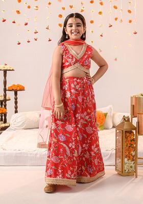 Red Printed Poly Blend Lehenga Set With Dupatta For Girls