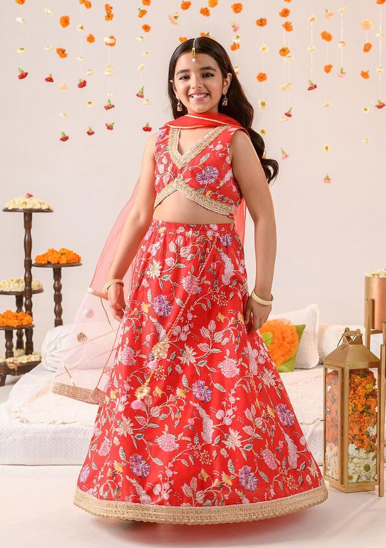 Red Printed Poly Blend Lehenga Set With Dupatta For Girls