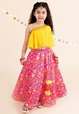 Coral Embroidered Poly Blend Lehenga Set With Dupatta For Girls