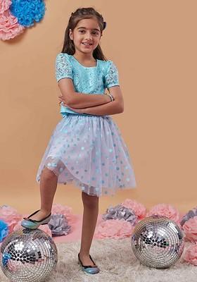 Blue Embroidered Poly Blend Co Ord Set For Girlss