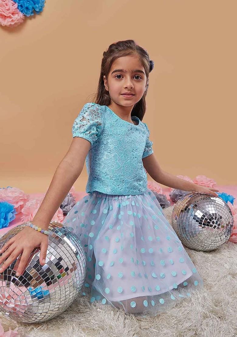 Blue Embroidered Poly Blend Co Ord Set For Girlss