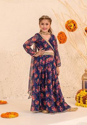 Navy Blue Printed Poly Blend Lehenga Set With Dupatta For Girls