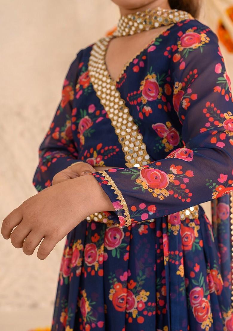 Navy Blue Printed Poly Blend Lehenga Set With Dupatta For Girls