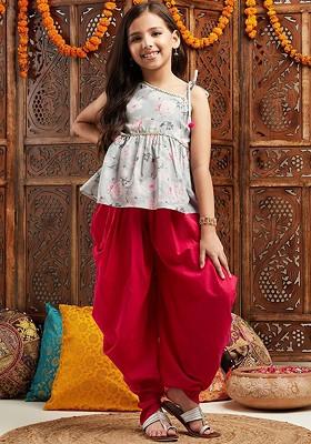 Grey Printed Poly Blend Salwar Kameez For Girls