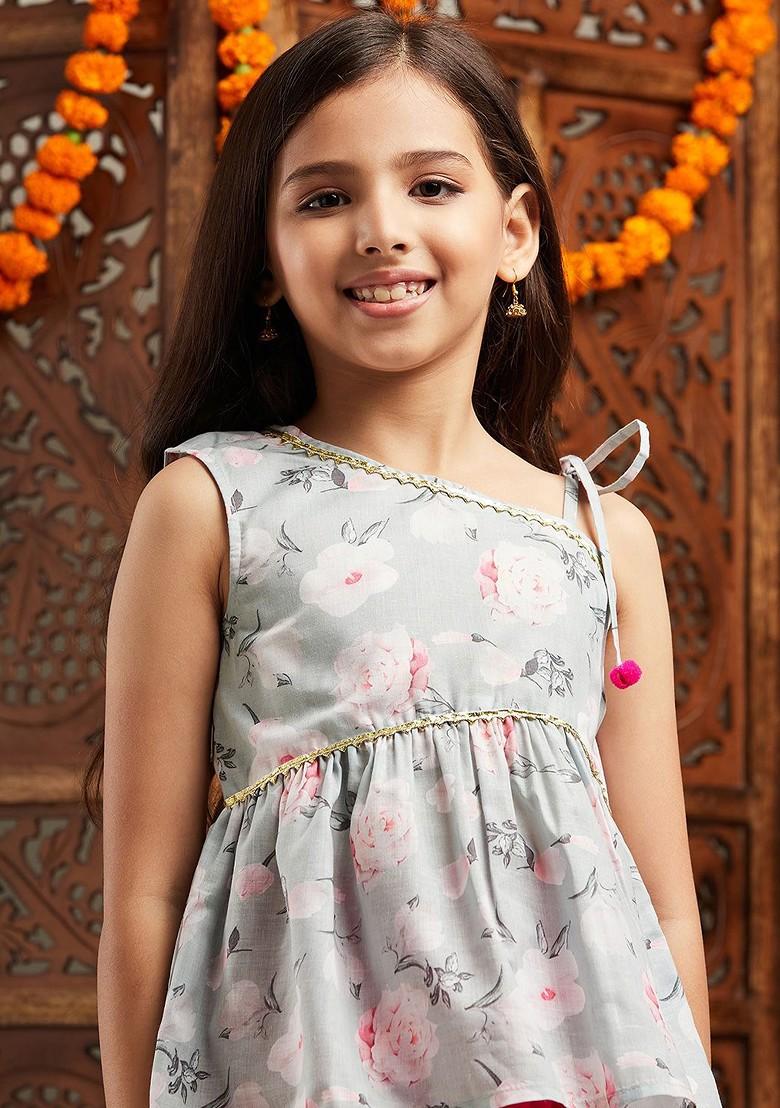 Grey Printed Poly Blend Salwar Kameez For Girls