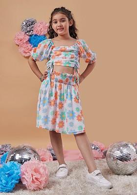 White Printed Poly Blend Co Ord Set For Girlss