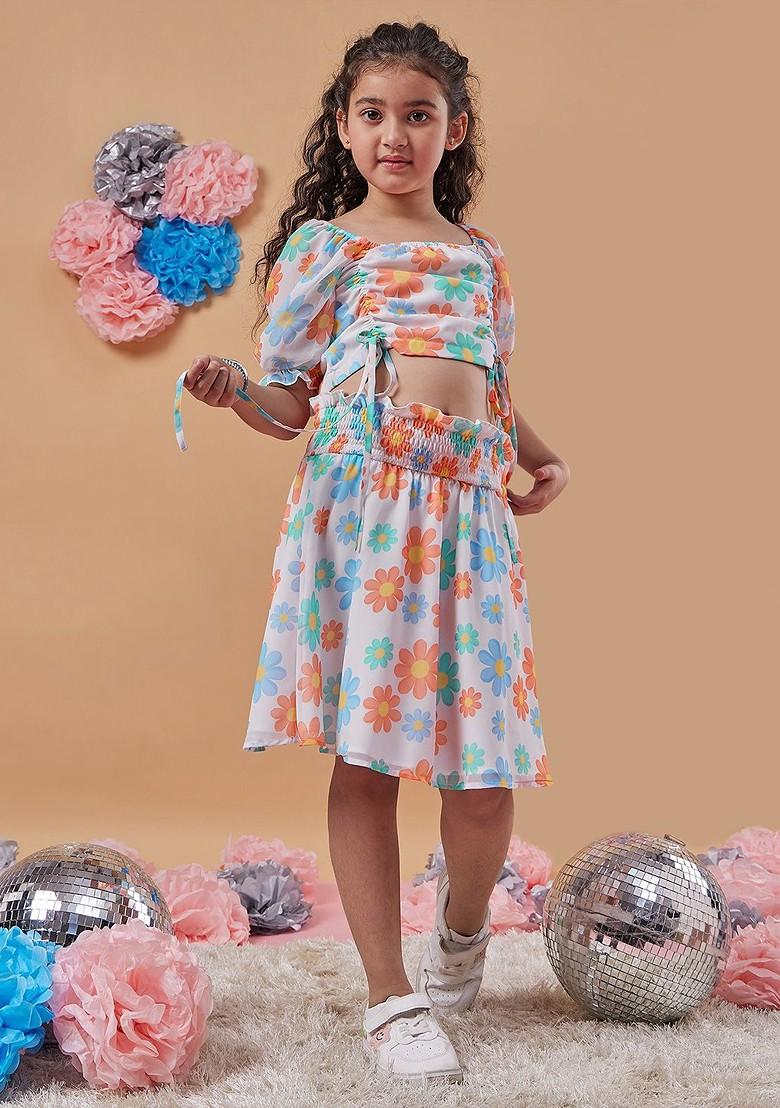 White Printed Poly Blend Co Ord Set For Girlss