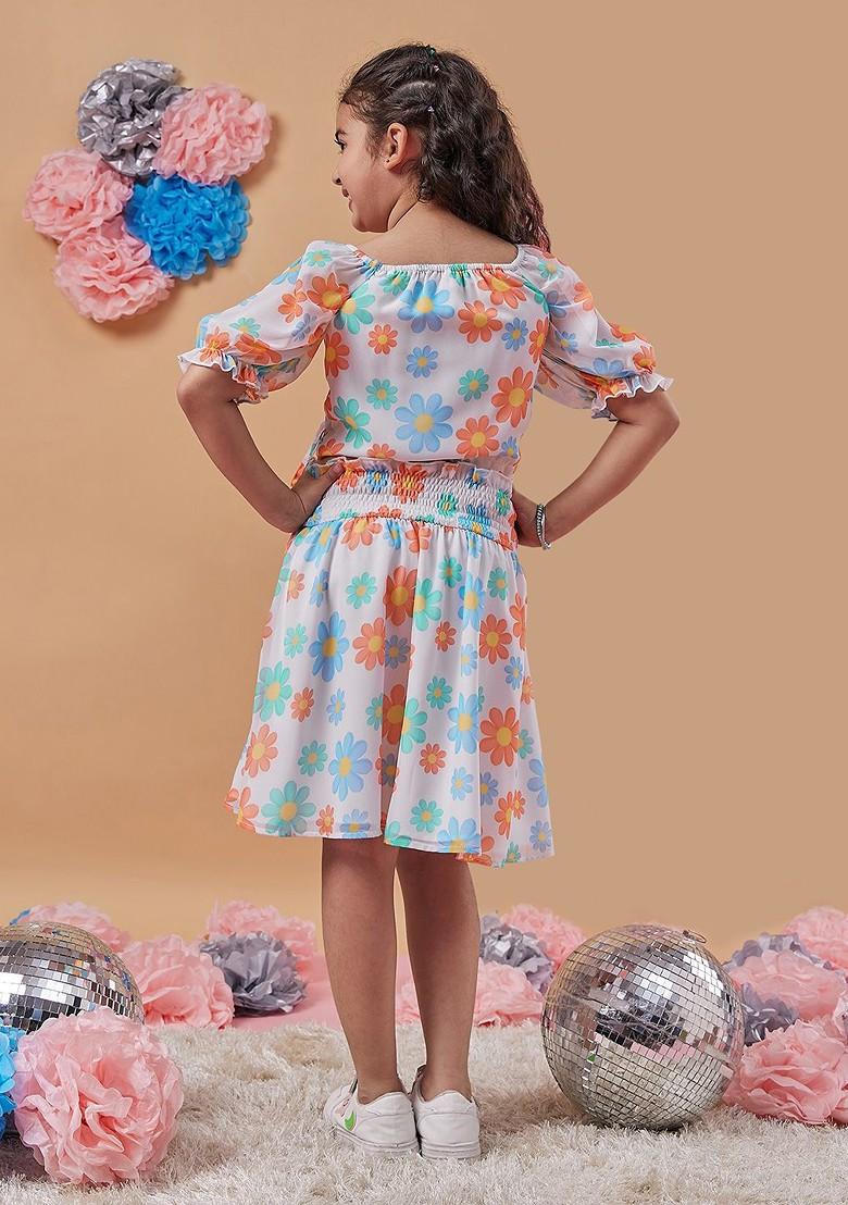 White Printed Poly Blend Co Ord Set For Girlss