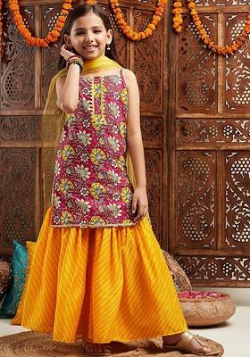 Magenta Printed Poly Blend Sharara Set With Dupatta For Girls