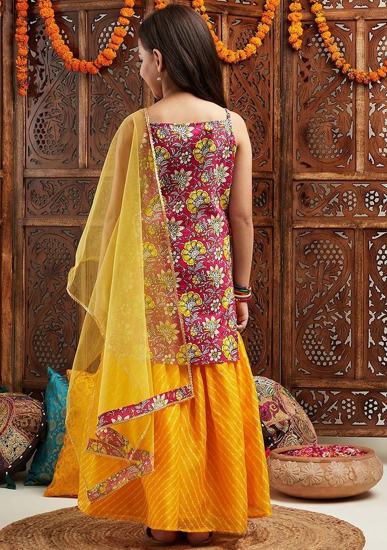 Magenta Printed Poly Blend Sharara Set With Dupatta For Girls