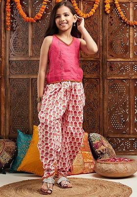 Pink Embroidered Poly Blend Salwar Kameez With Dupatta For Girls