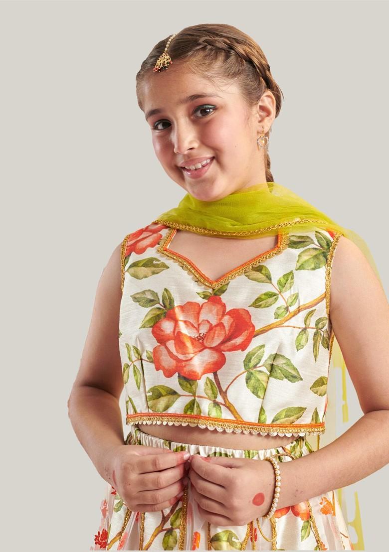 Orange Printed Poly Blend Lehenga Set With Dupatta For Girls