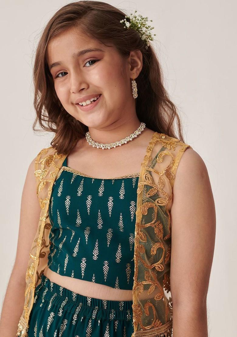 Teal Blue Printed Poly Blend Salwar Kameez For Girls