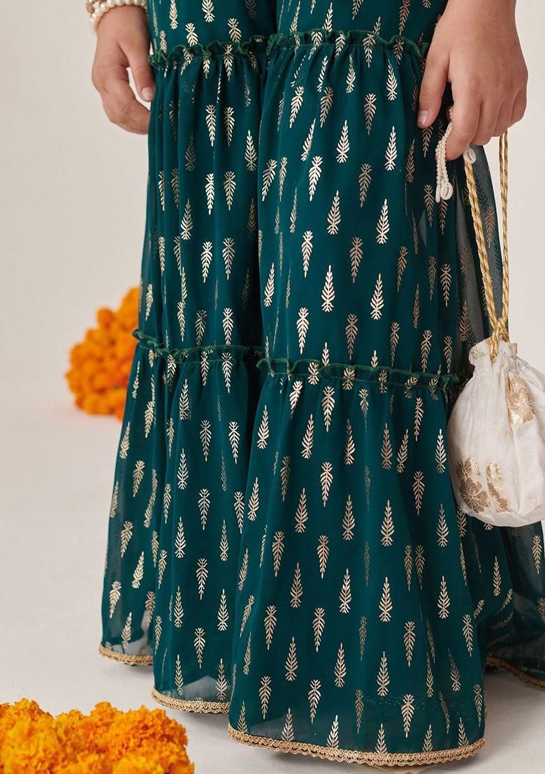 Teal Blue Printed Poly Blend Salwar Kameez For Girls