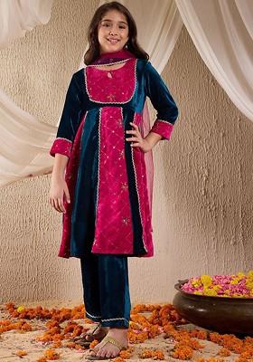 Teal Blue Embroidered Poly Blend Salwar Kameez With Dupatta For Girls