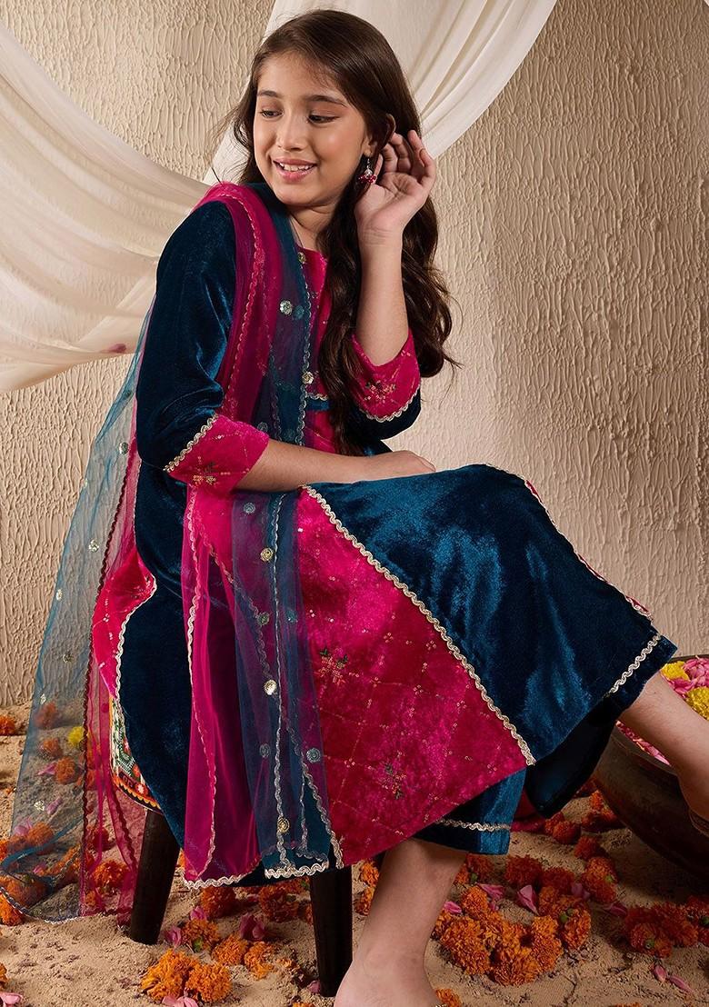 Teal Blue Embroidered Poly Blend Salwar Kameez With Dupatta For Girls
