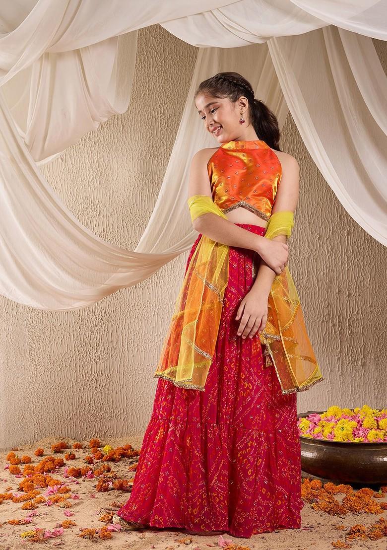 Magenta Printed Poly Blend Lehenga Set With Dupatta For Girls