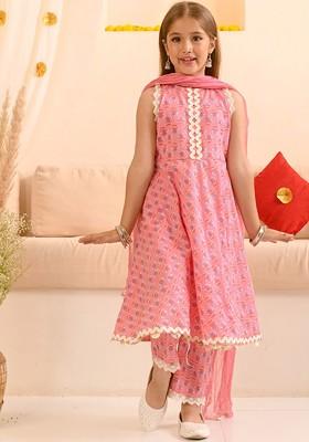 Pink Printed Poly Blend Salwar Kameez With Dupatta For Girls